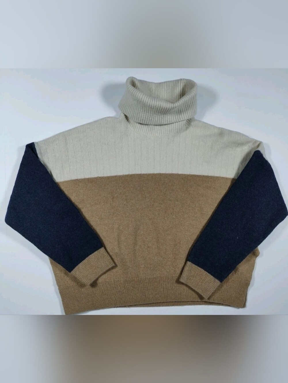 Madewell Navy Beige Colorblock Wool Blend Turtleneck Sweater Size XL Boxy